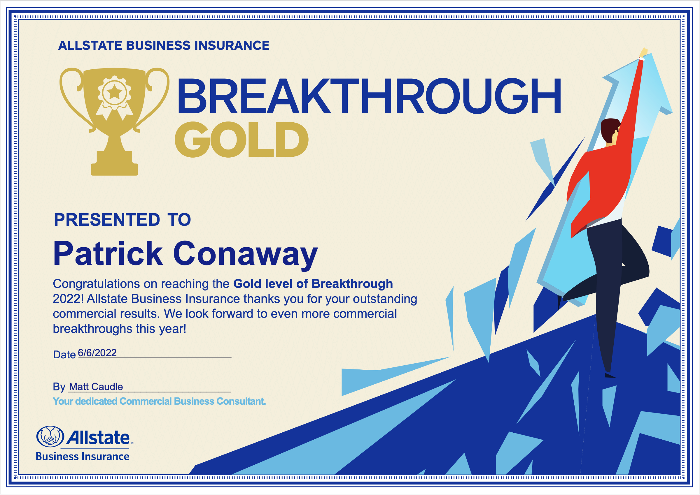 Allstate Business Insurance Awards Patrick Conaway the Gold level of Breakthrough